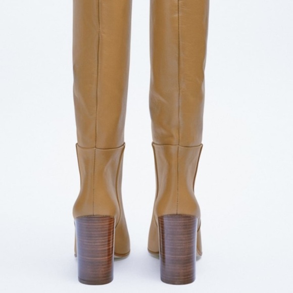 Zara New With Tags Heeled Leather Knee High Boots Brown Beige Taupe Gray, nwt - Picture 5 of 13